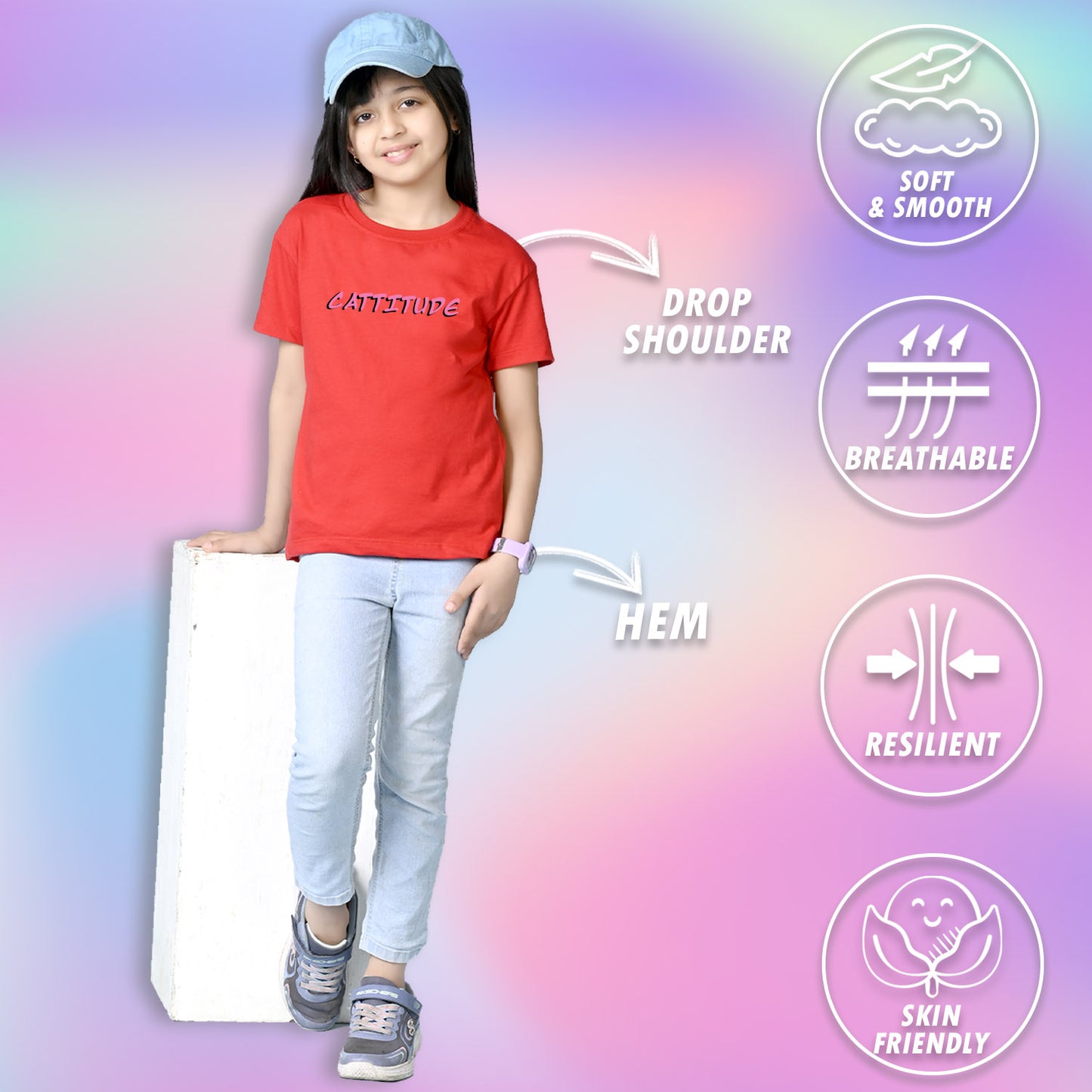 Nusyl Girls Red Cattitude Text  Printed  Short sleeve Cotton Blend Oversized T-shirts