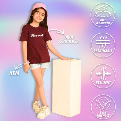 Nusyl Girls Wine Blessed Text Printed  Short sleeve Cotton Blend Oversized T-shirts