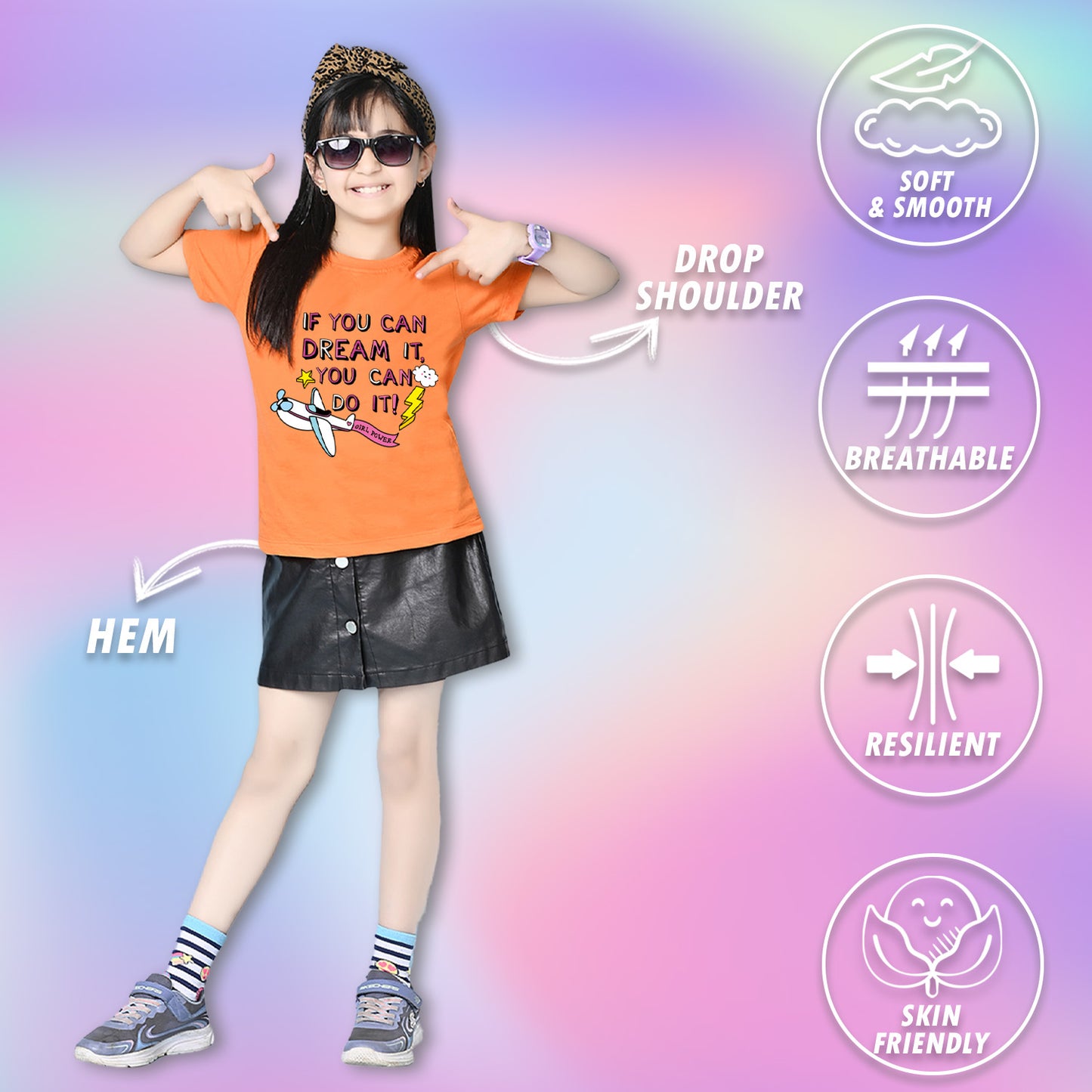 Nusyl Girls Orange if you can Dream it text Printed  Short sleeve Cotton Blend Oversized T-shirts