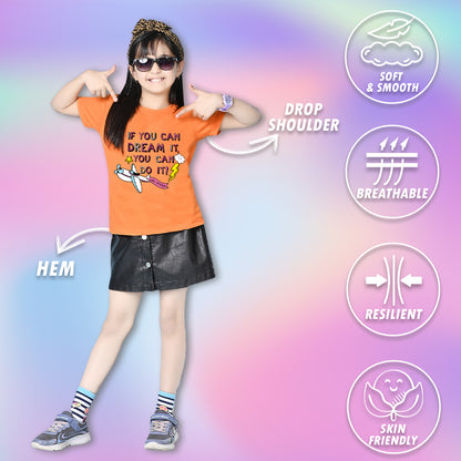 Nusyl Girls Orange if you can Dream it text Printed  Short sleeve Cotton Blend Oversized T-shirts