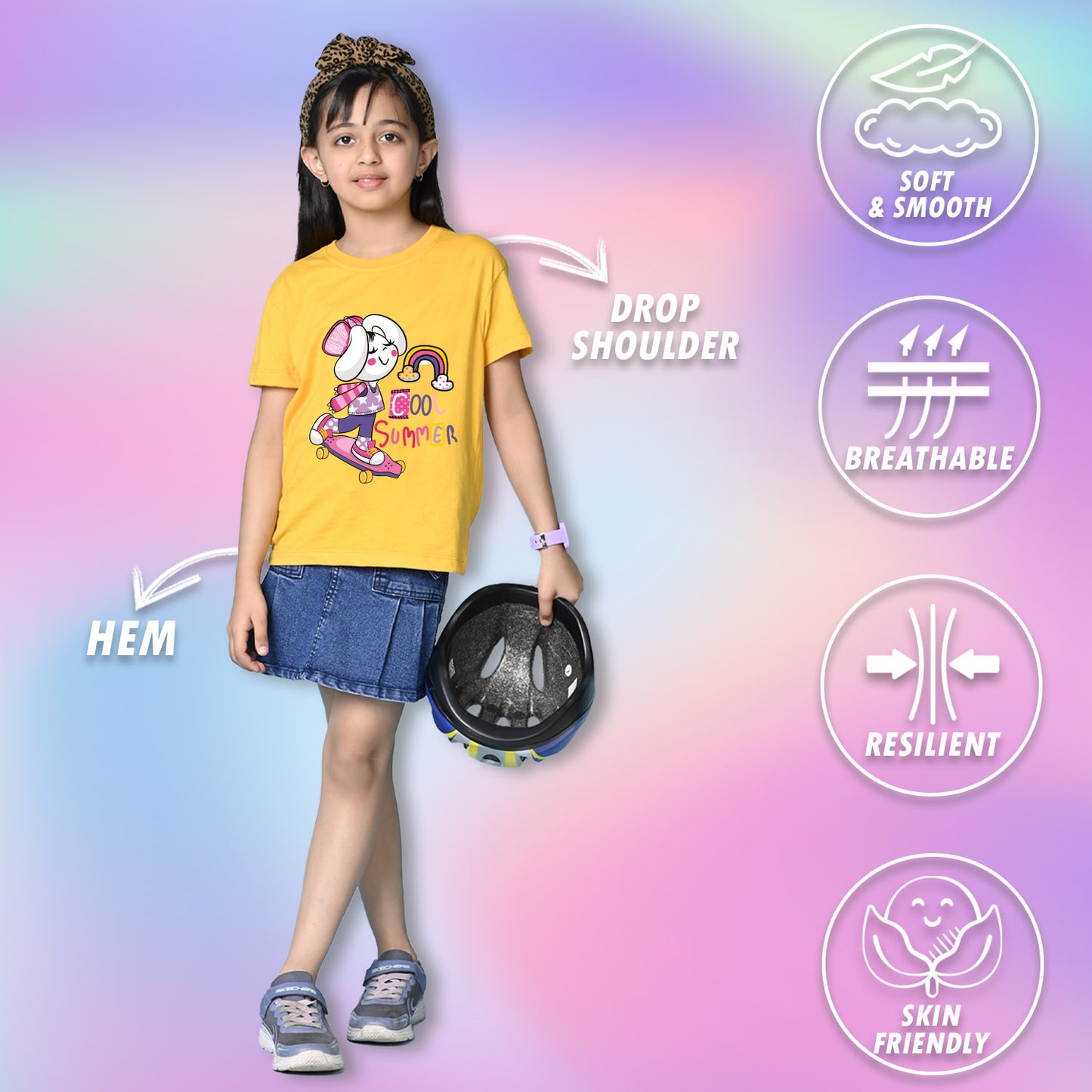 Nusyl Girls Yellow Cool Summer Text  Printed  Short sleeve Cotton Blend Oversized T-shirts