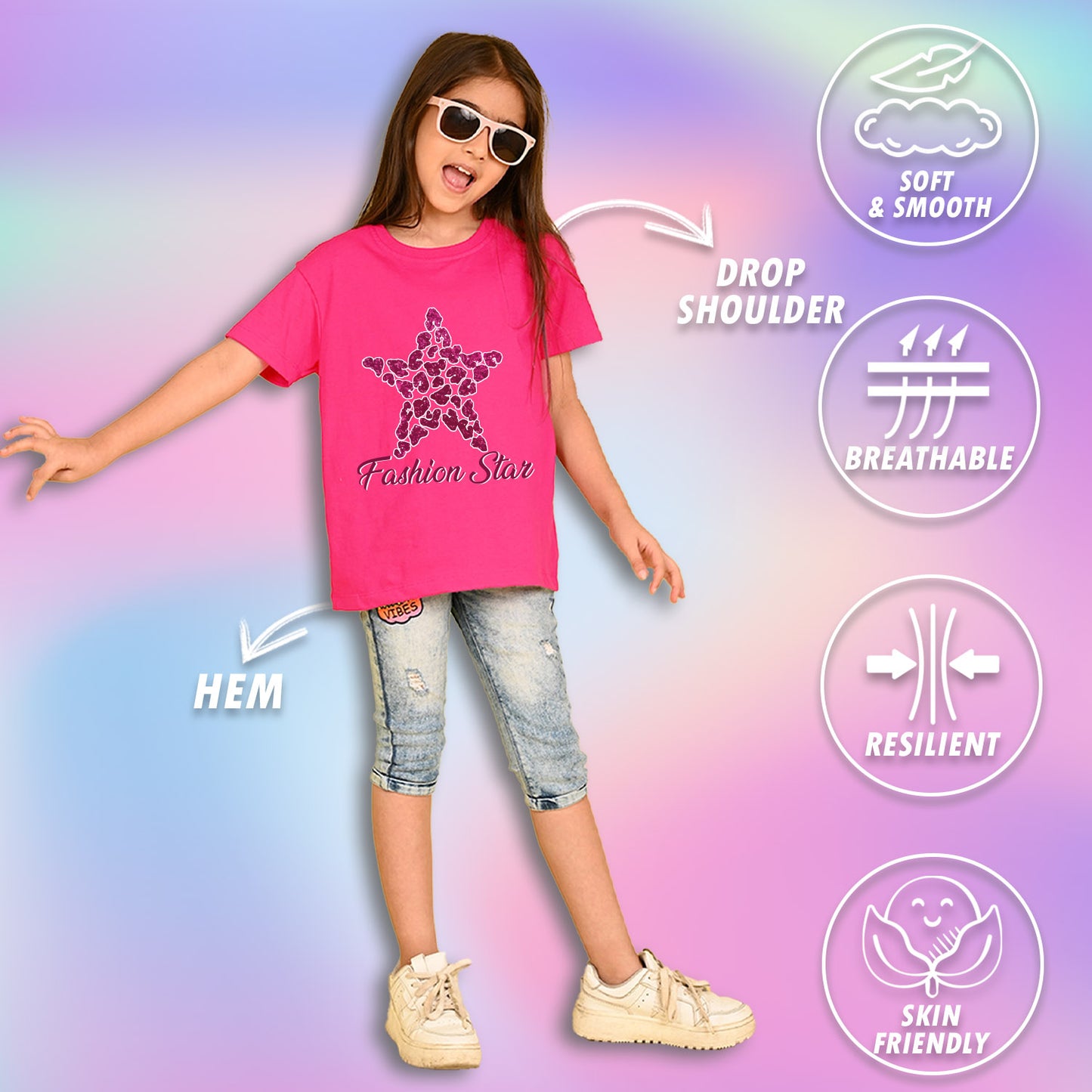 Nusyl Girls Hot Pink Star & Text  Printed  Short sleeve Cotton Blend Oversized T-shirts
