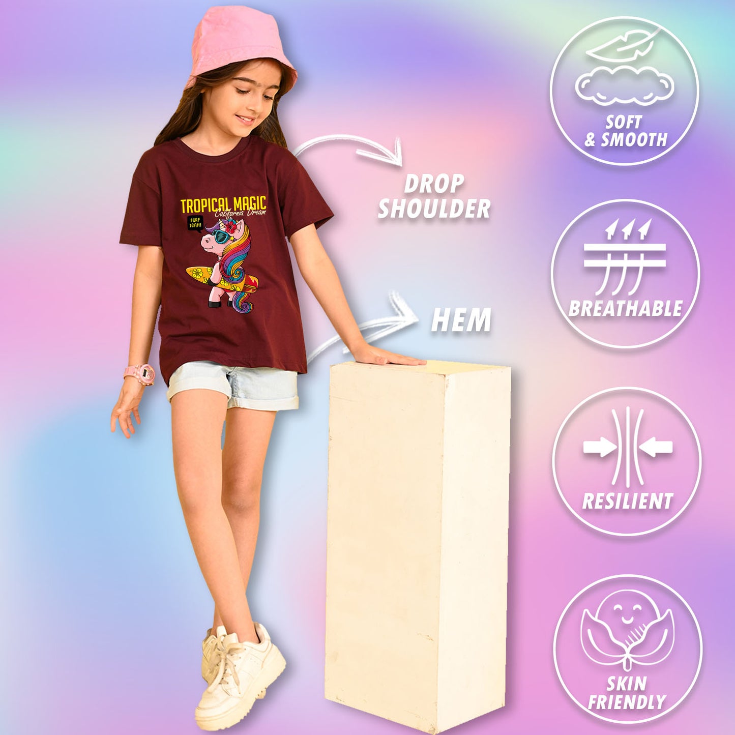 Nusyl Girls Wine Tropical Magic Text Printed  Short sleeve Cotton Blend Oversized T-shirts