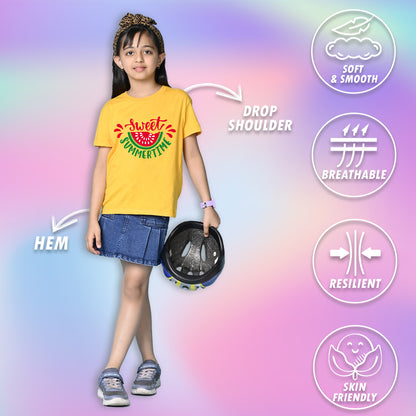 Nusyl Girls Yellow Sweet Summertime Text Printed  Short sleeve Cotton Blend Oversized T-shirts