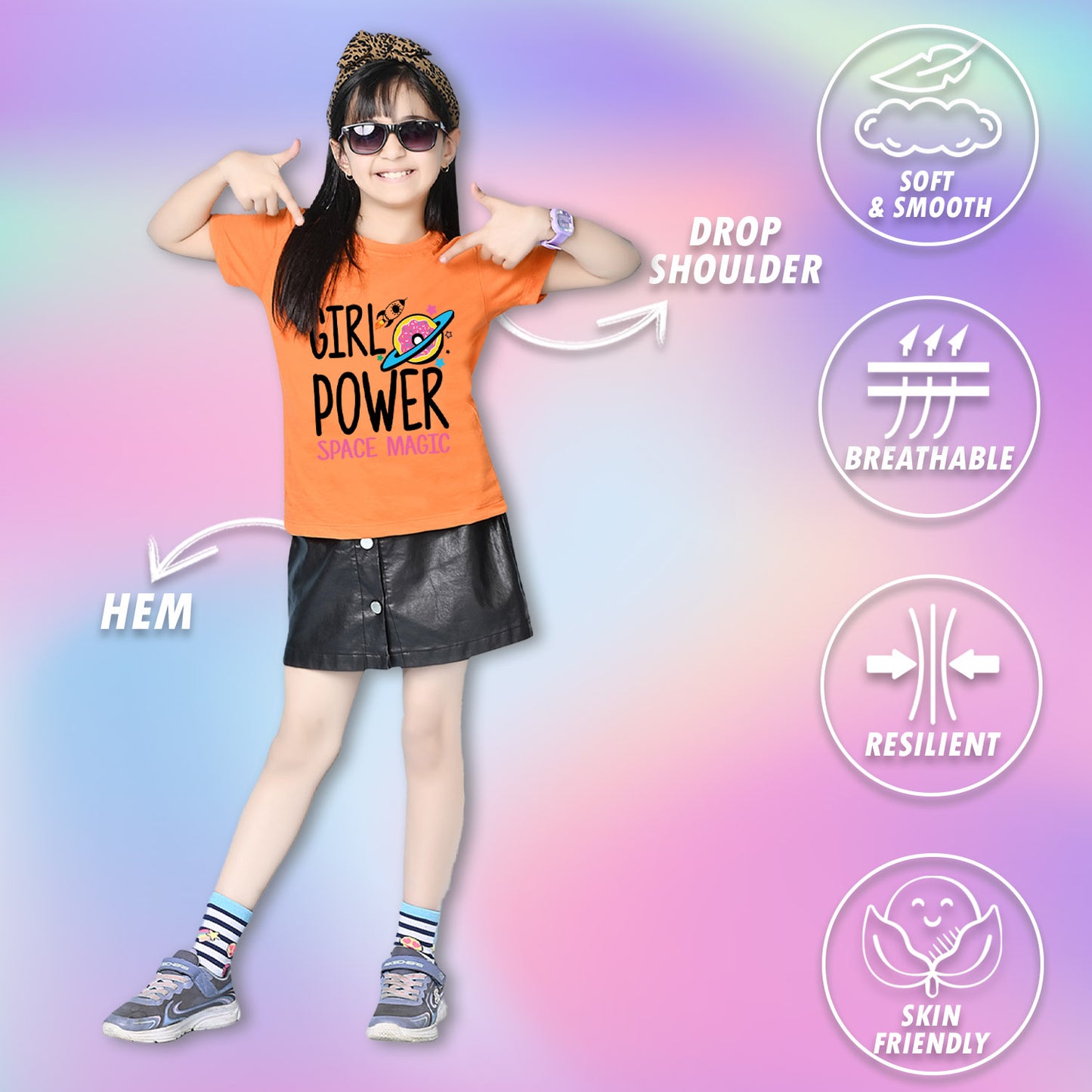Nusyl Girls Orange Girl Power text  Printed  Short sleeve Cotton Blend Oversized T-shirts
