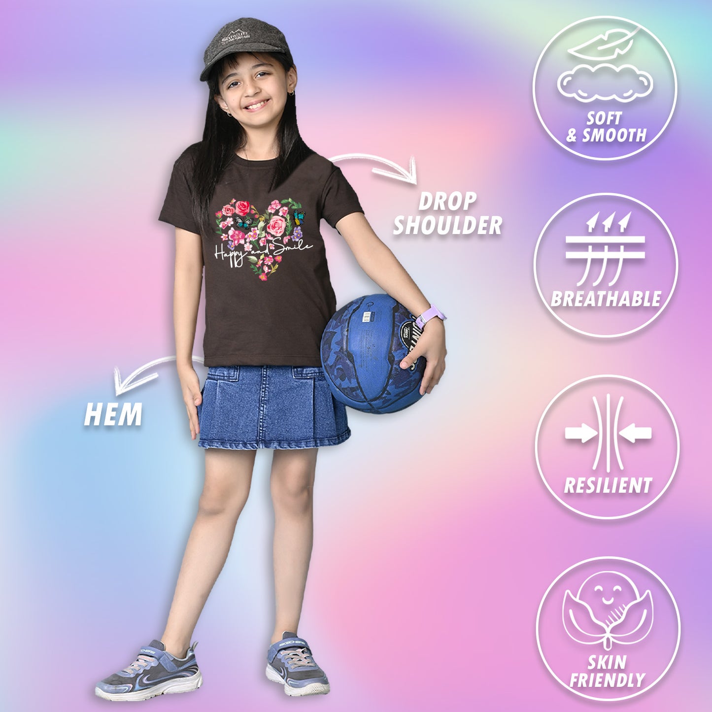 Nusyl Girls Brown Flower & Text  Printed  Short sleeve Cotton Blend Oversized T-shirts