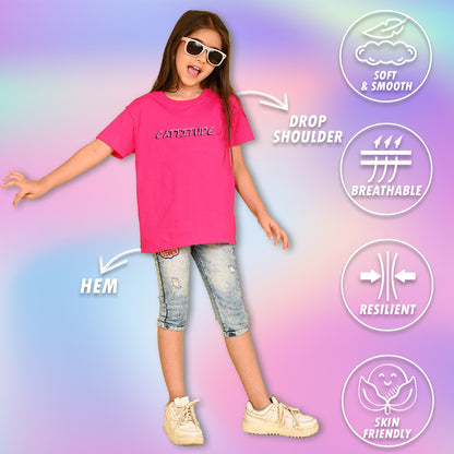 Nusyl Girls Hot Pink Cattitude Text  Printed  Short sleeve Cotton Blend Oversized T-shirts