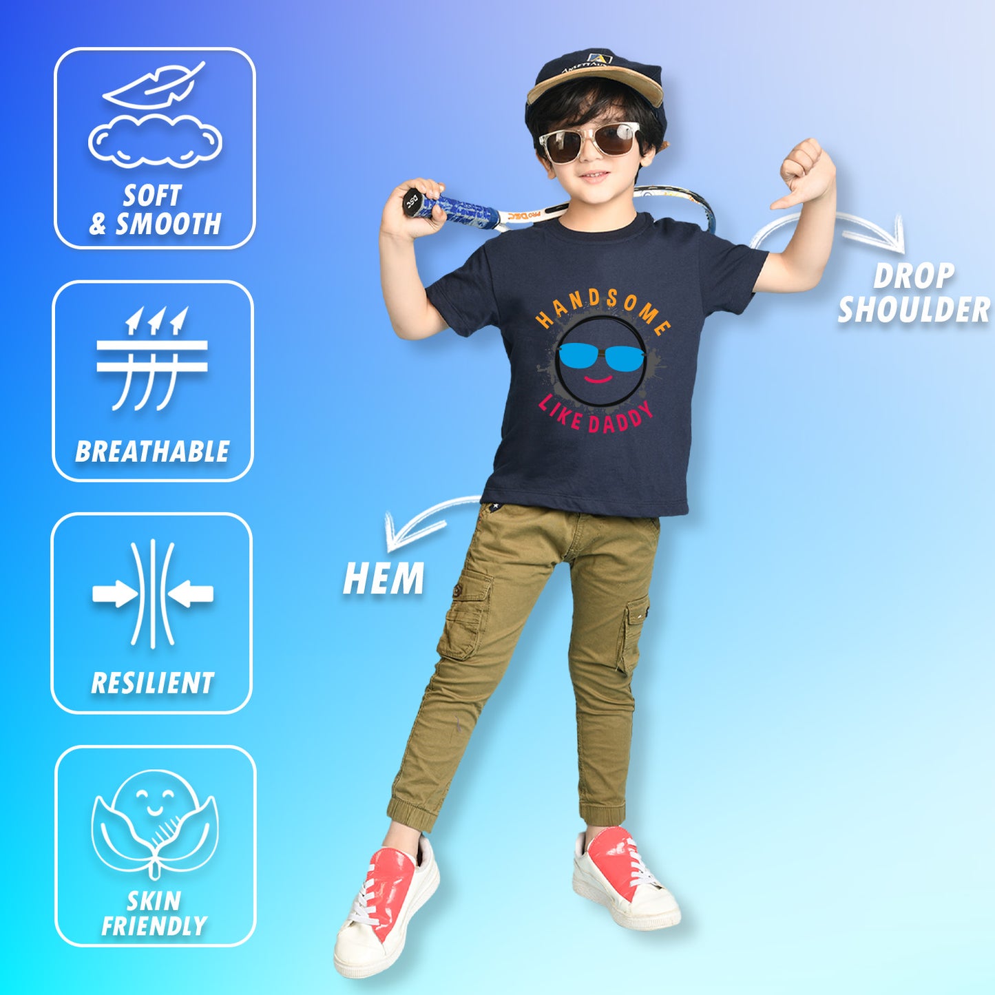 Nusyl Boys Navy Blue Hand Some Text Printed Short Sleeve Oversized T-Shirt