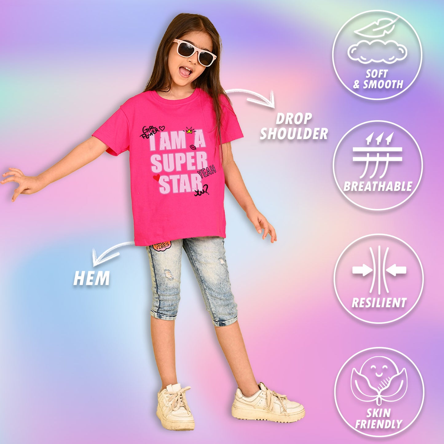 Nusyl Girls Hot Pink i am a super star Text Printed  Short sleeve Cotton Blend Oversized T-shirts