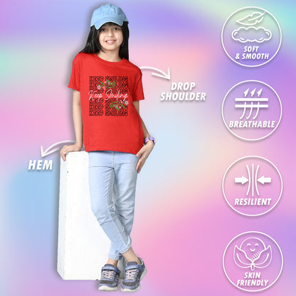 Nusyl Girls Red keep smiling text Printed  Short sleeve Cotton Blend Oversized T-shirts