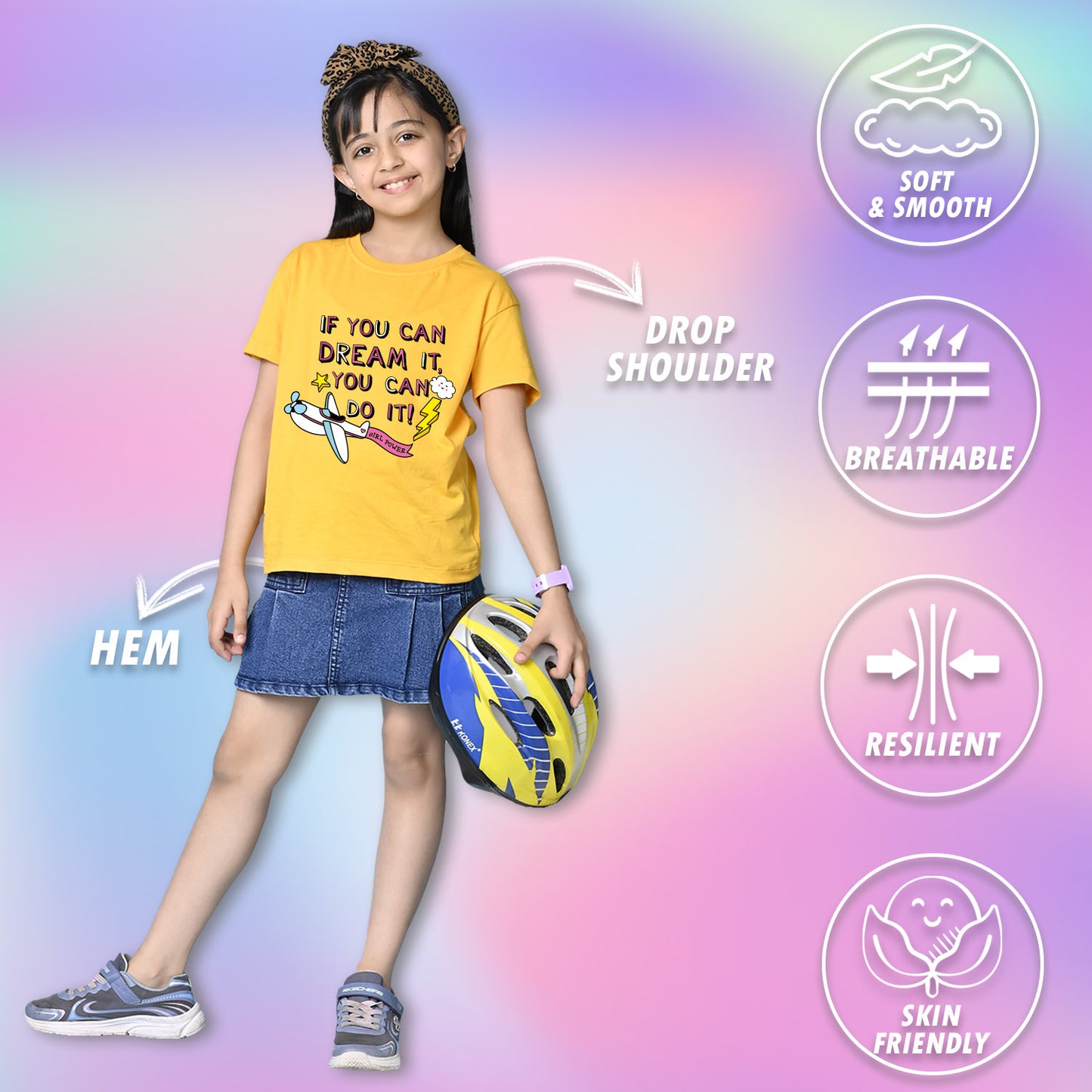 Nusyl Girls Yellow if you can Dream it text Printed  Short sleeve Cotton Blend Oversized T-shirts