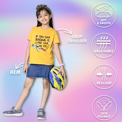 Nusyl Girls Yellow if you can Dream it text Printed  Short sleeve Cotton Blend Oversized T-shirts