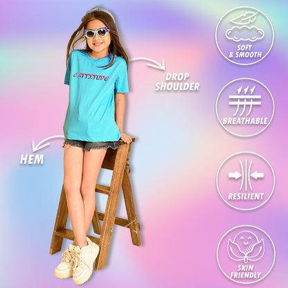 Nusyl Girls Sky Blue Cattitude Text  Printed  Short sleeve Cotton Blend Oversized T-shirts