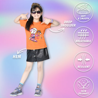 Nusyl Girls Orange Cool Summer Text  Printed  Short sleeve Cotton Blend Oversized T-shirts