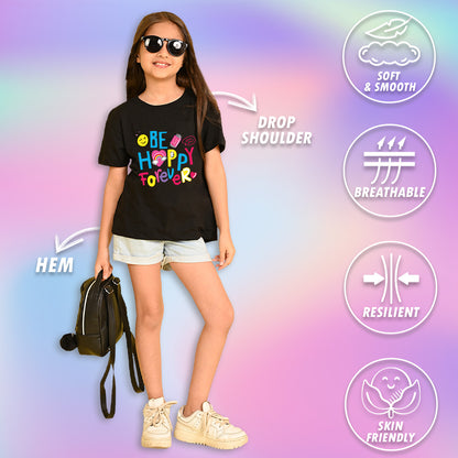 Nusyl Girls Black Be happy Forever Text Printed  Short sleeve Cotton Blend Oversized T-shirts