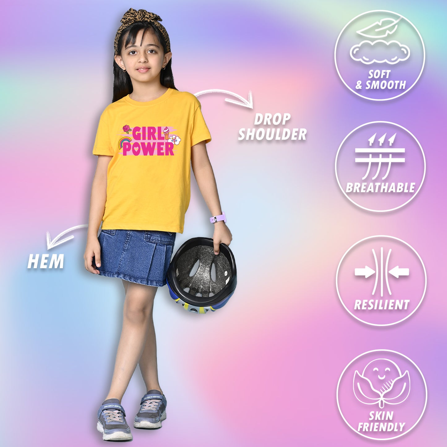 Nusyl Girls Yellow flower & Girl Power Text  Printed  Short sleeve Cotton Blend Oversized T-shirts