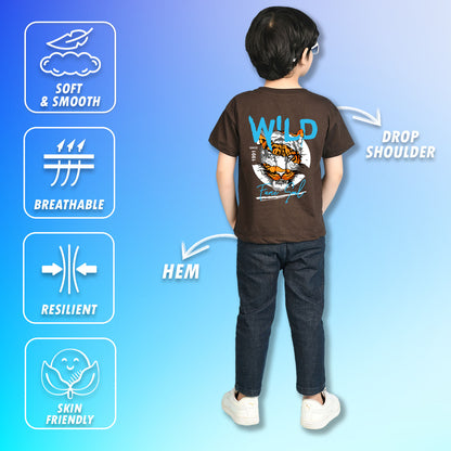 Nusyl Boys Brown Wild Text Printed Short Sleeve Oversized T-Shirt