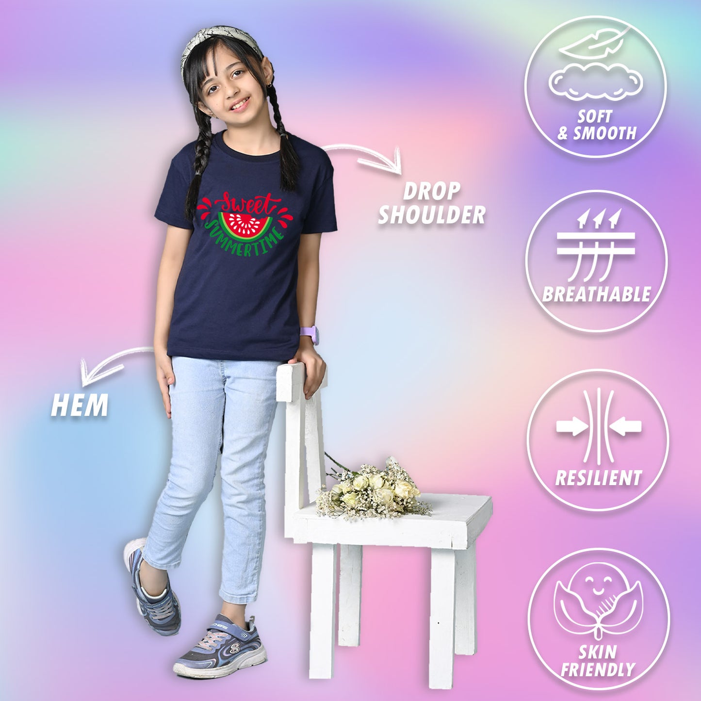 Nusyl Girls Navy Blue Sweet Summertime Text Printed  Short sleeve Cotton Blend Oversized T-shirts