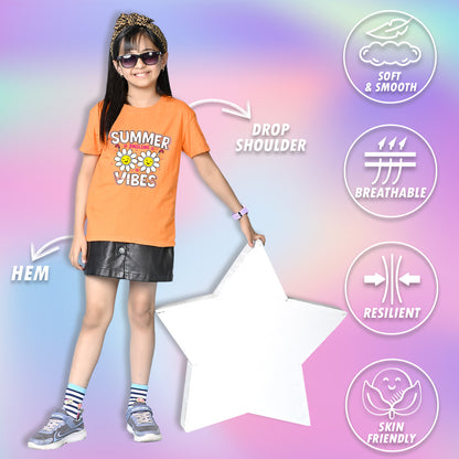 Nusyl Girls Orange Summer Vibes text Printed  Short sleeve Cotton Blend Oversized T-shirts