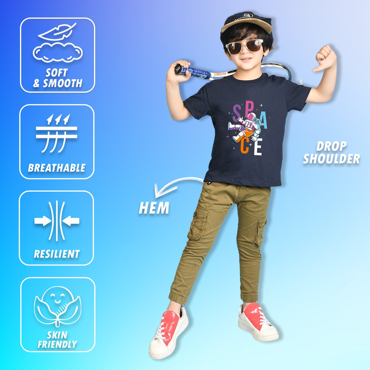 Nusyl Boys Navy Blue Space Text Printed Short Sleeve Oversized T-Shirt