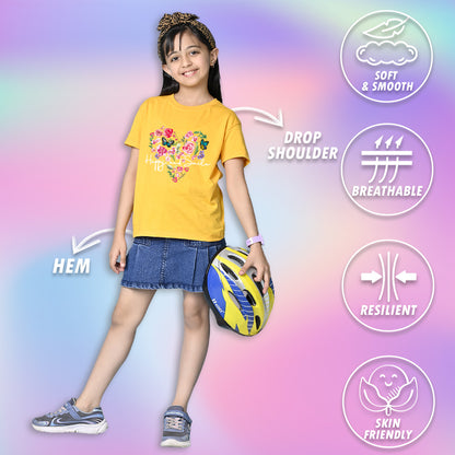 Nusyl Girls Yellow Flower & Text  Printed  Short sleeve Cotton Blend Oversized T-shirts