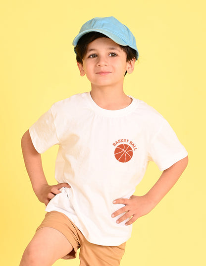 Nusyl Boys White Text & Basket Ball Printed Short sleeve Cotton Blend Oversized T-shirts