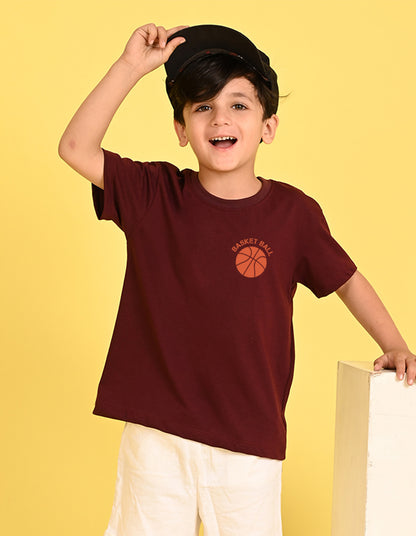 Nusyl Boys Wine Text & Basket Ball Printed Short sleeve Cotton Blend Oversized T-shirts