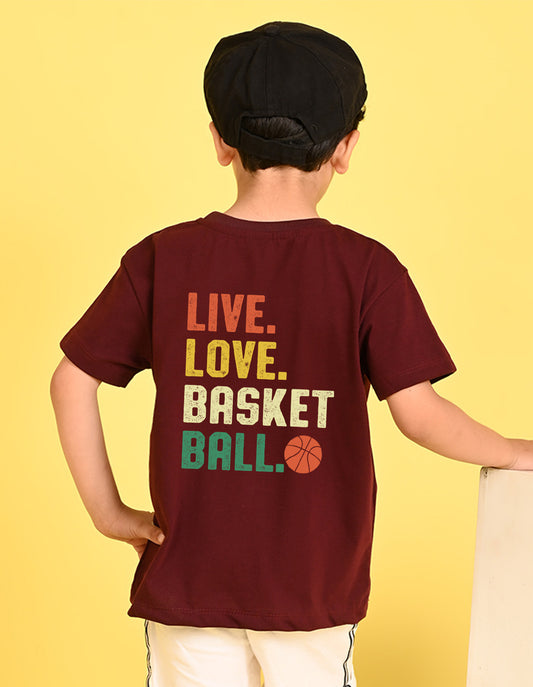 Nusyl Boys Wine Text & Basket Ball Printed Short sleeve Cotton Blend Oversized T-shirts
