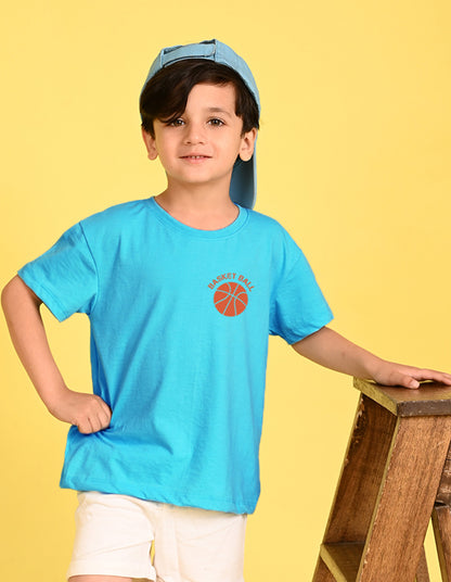 Nusyl Boys Sky Blue Text & Basket Ball Printed Short sleeve Cotton Blend Oversized T-shirts