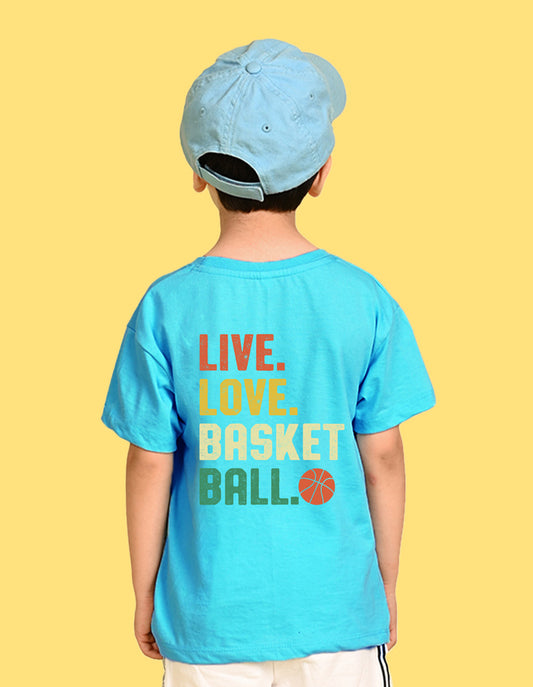 Nusyl Boys Sky Blue Text & Basket Ball Printed Short sleeve Cotton Blend Oversized T-shirts