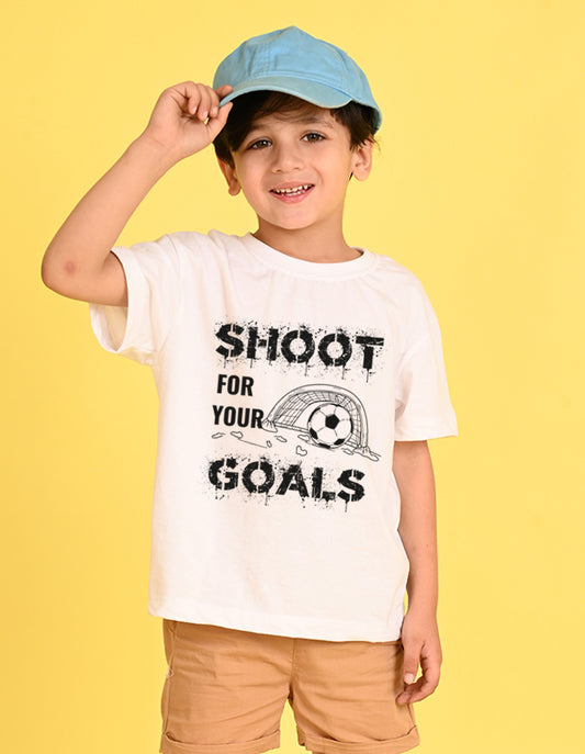 Nusyl Boys White Shoot For Your Goals Printed Short sleeve Cotton Blend Oversized T-shirts