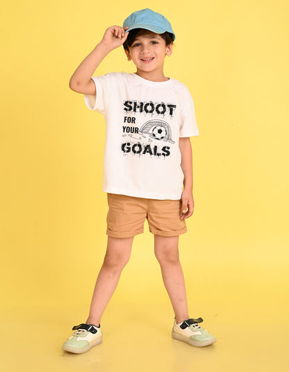 Nusyl Boys White Shoot For Your Goals Printed Short sleeve Cotton Blend Oversized T-shirts