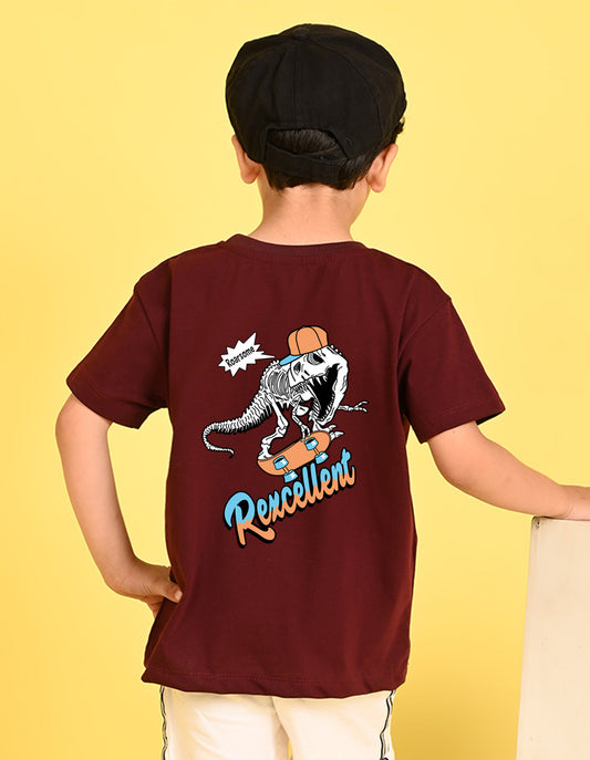 Nusyl Boys Wine Dinosaur & Text Back  Printed Short sleeve Cotton Blend Oversized T-shirts