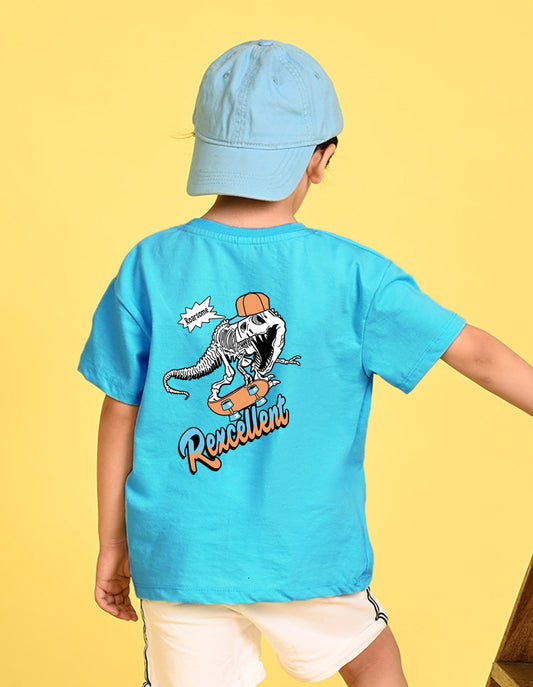 Nusyl Boys Sky Blue Dinosaur & Text Back  Printed Short sleeve Cotton Blend Oversized T-shirts