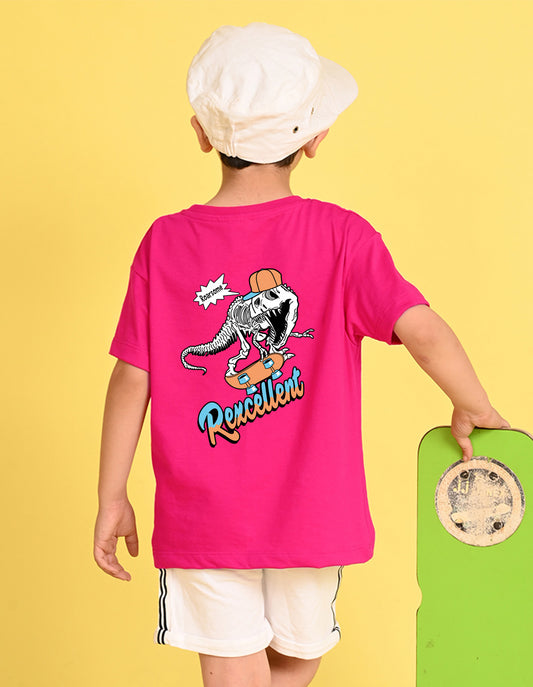 Nusyl Boys Hot Pink Dinosaur & Text Back  Printed Short sleeve Cotton Blend Oversized T-shirts