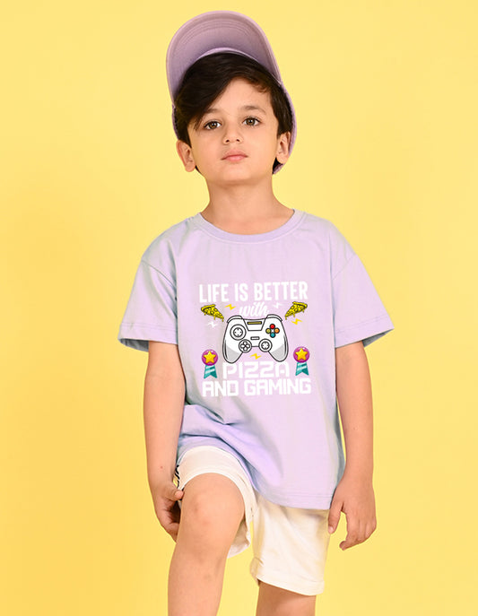Nusyl Boys Lilac Life is Better Text Printed Short sleeve Cotton Blend Oversized T-shirts