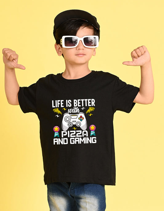 Nusyl Boys Black Life is Better Text Printed Short sleeve Cotton Blend Oversized T-shirts