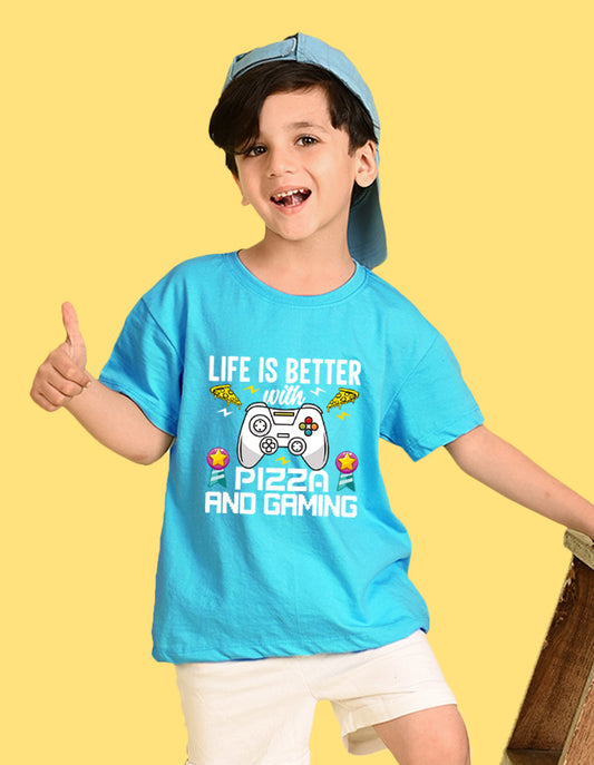 Nusyl Boys Sky Blue Life is Better Text Printed Short sleeve Cotton Blend Oversized T-shirts