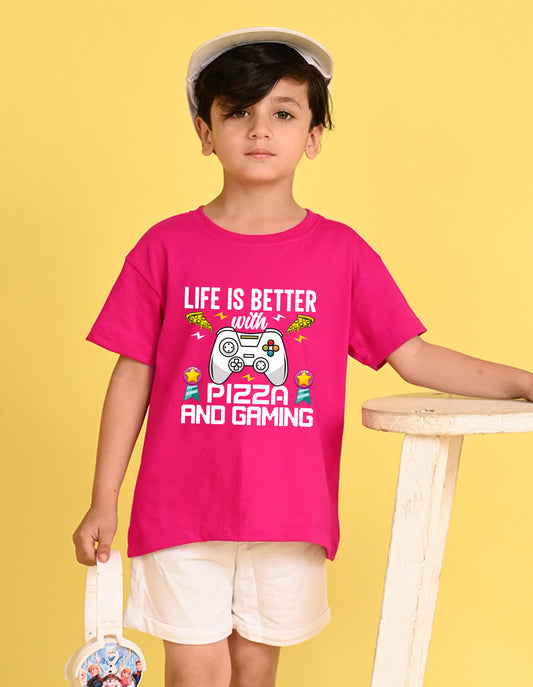 Nusyl Boys Hot Pink Life is Better Text Printed Short sleeve Cotton Blend Oversized T-shirts