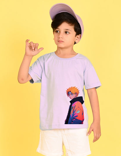 Nusyl Boys Lilac Naruto Printed Short sleeve Cotton Blend Oversized T-shirts
