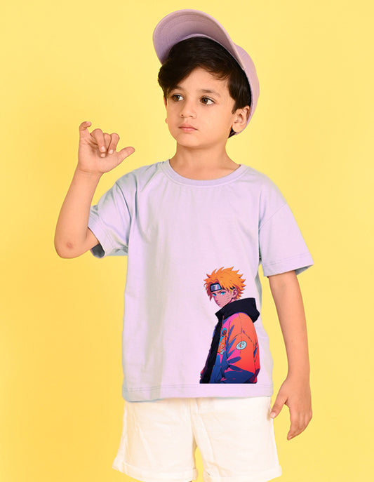 Nusyl Boys Lilac Naruto Printed Short sleeve Cotton Blend Oversized T-shirts