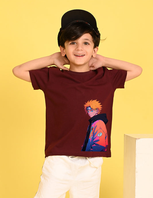 Nusyl Boys Wine Naruto Printed Short sleeve Cotton Blend Oversized T-shirts