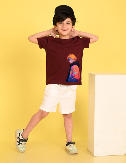 Nusyl Boys Wine Naruto Printed Short sleeve Cotton Blend Oversized T-shirts