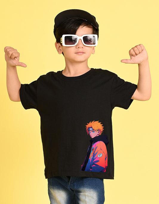 Nusyl Boys Black Naruto Printed Short sleeve Cotton Blend Oversized T-shirts