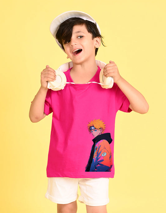 Nusyl Boys Hot Pink Naruto Printed Short sleeve Cotton Blend Oversized T-shirts