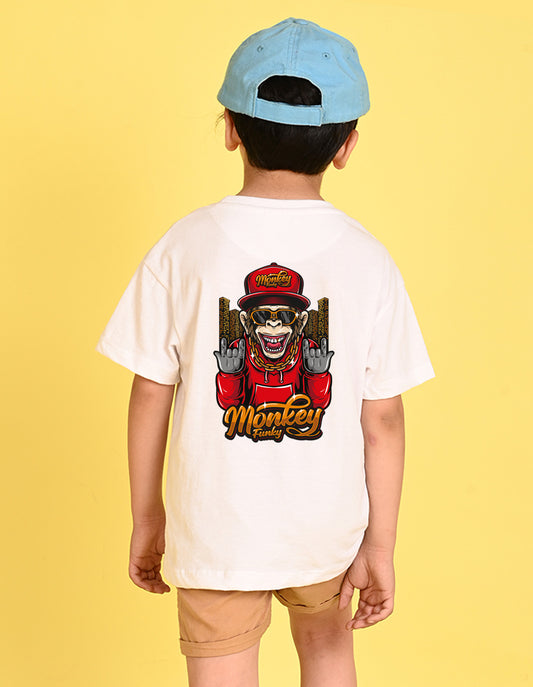Nusyl Boys White Monkey Funky Printed Short sleeve Cotton Blend Oversized T-shirts