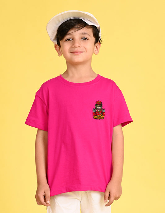 Nusyl Boys Hot Pink Monkey Funky Printed Short sleeve Cotton Blend Oversized T-shirts