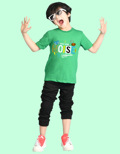 Nusyl Boys Green Noise Text Printed Short Sleeve Oversized T-Shirt