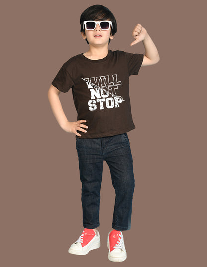 Nusyl Boys Brown Will Not Stop Text Printed Short Sleeve Oversized T-Shirt