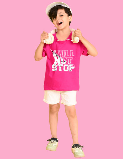 Nusyl Boys Hot Pink Will Not Stop Text Printed Short Sleeve Oversized T-Shirt